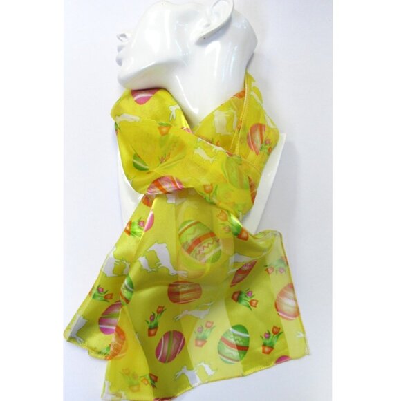 Womens Long Silk Feel Scarf Yellow Easter Bunny Egg Tulips Happy Easter NEW - Picture 3 of 3